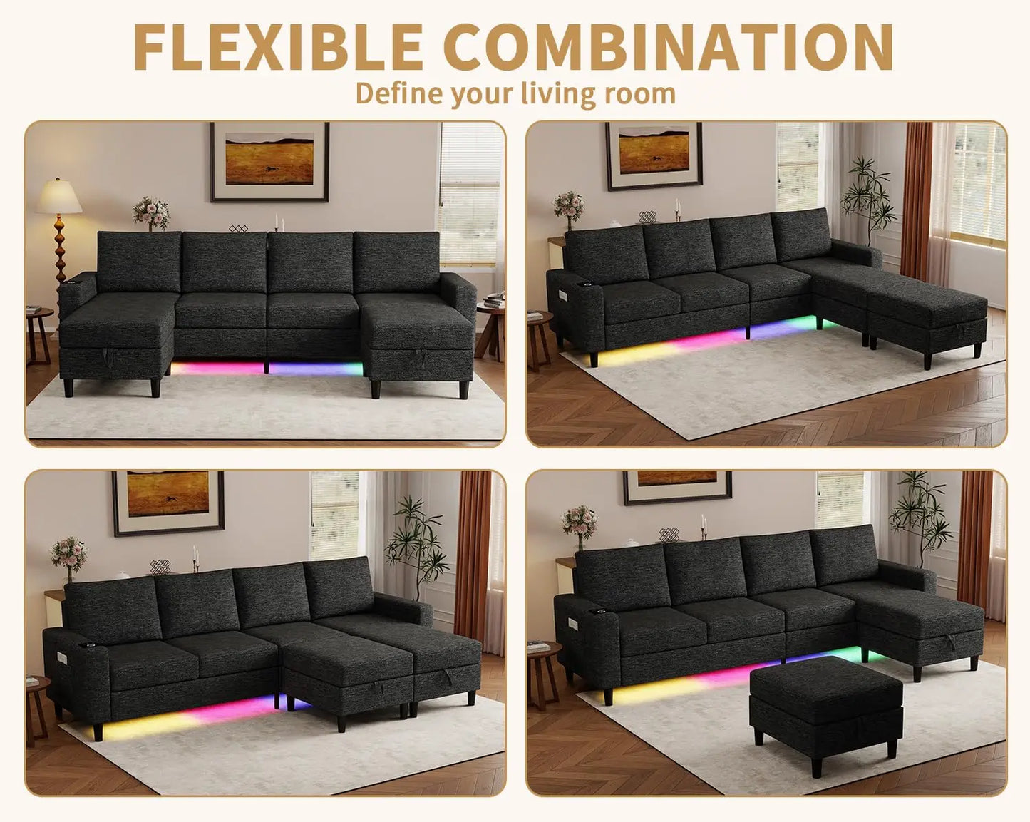 Smart Sectional Couches For Living Room, 6 Seat U/L Shaped Sectional Sofa With RGB Light/Charging, Modern Living, Customized