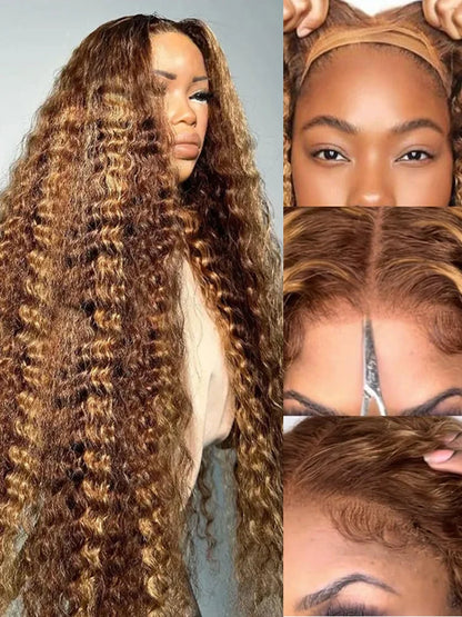 250% Wear and Go Glueless Wigs Highlight Ombre Curly Wigs Brown 13x4 HD Lace Frontal Human Hair Wigs Deep Water Wave Wigs CEXXY