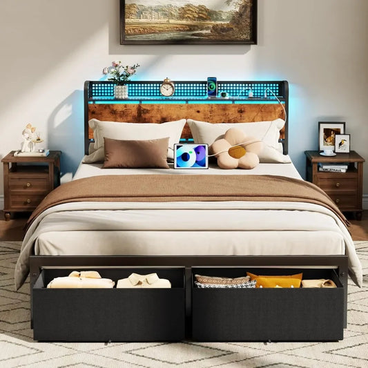 Bed Frame with Headboard Storage, Platform Bed Frame with 2 Drawers, Charging Station and LED Lights, No Box Spring Needed