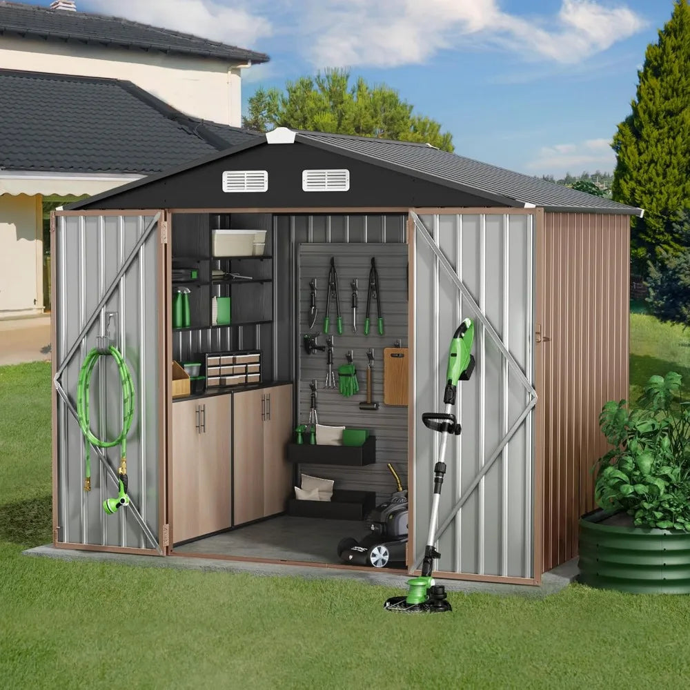8x6 FT Outdoor Metal Storage Shed, 7.3x5.3 FT Base Durable Garden Shed with Updated Frame Structure for Backyard, Patio