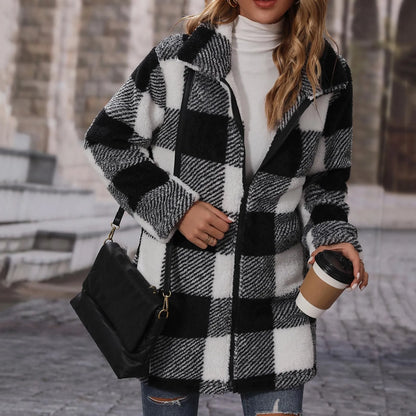 Winter Coats for Women Vintage Plaid Print Warm Fuzzy Fleece Long Jacket Overcoat Cardigan Zipper Jackets Manteau Femme Hiver