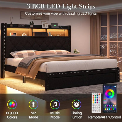 Queen Bed Frame with LED Lights, Storage Drawers & Charging Station, Upholstered Platform, No Box Spring Needed