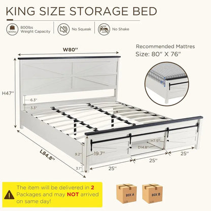 JXQTLINGMU Farmhouse King Size Bed Frame with 47" Tall Headboard, Wood King Bed Frame with Storage Cabinet, Solid Wood Slats Sup
