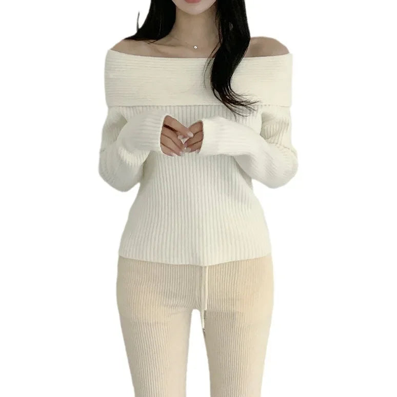 Korean Style Pure Desire One Shoulder Knitted Sweater Thickened Long Sleeve Slim Fit Women's Fashion Autumn Clothes