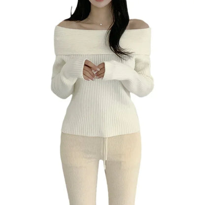 Korean Style Pure Desire One Shoulder Knitted Sweater Thickened Long Sleeve Slim Fit Women's Fashion Autumn Clothes