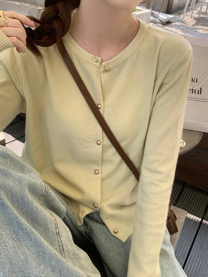 Solid Color Knitted for Women Cardigan Korean Single Breasted Long Sleeve Jumper Woman Round Neck All Match Cardigans Outwear