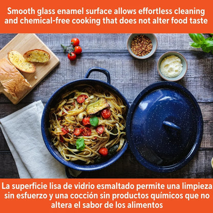 Enamel Stock Pot Soup Stews Cooking with Double Handles Oven Safe Durable Steel Efficient Heat Distribution Hand Wash Only