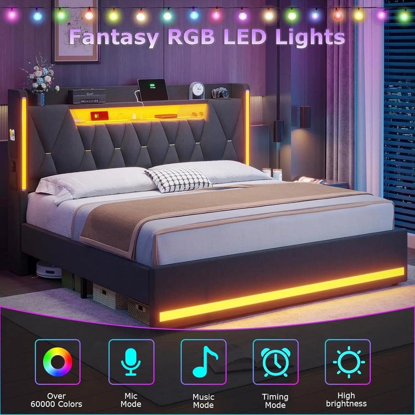 LED King Bed Frame with Charging Station, Hidden Storage & Upholstered Headboard, Dark Gray Linen