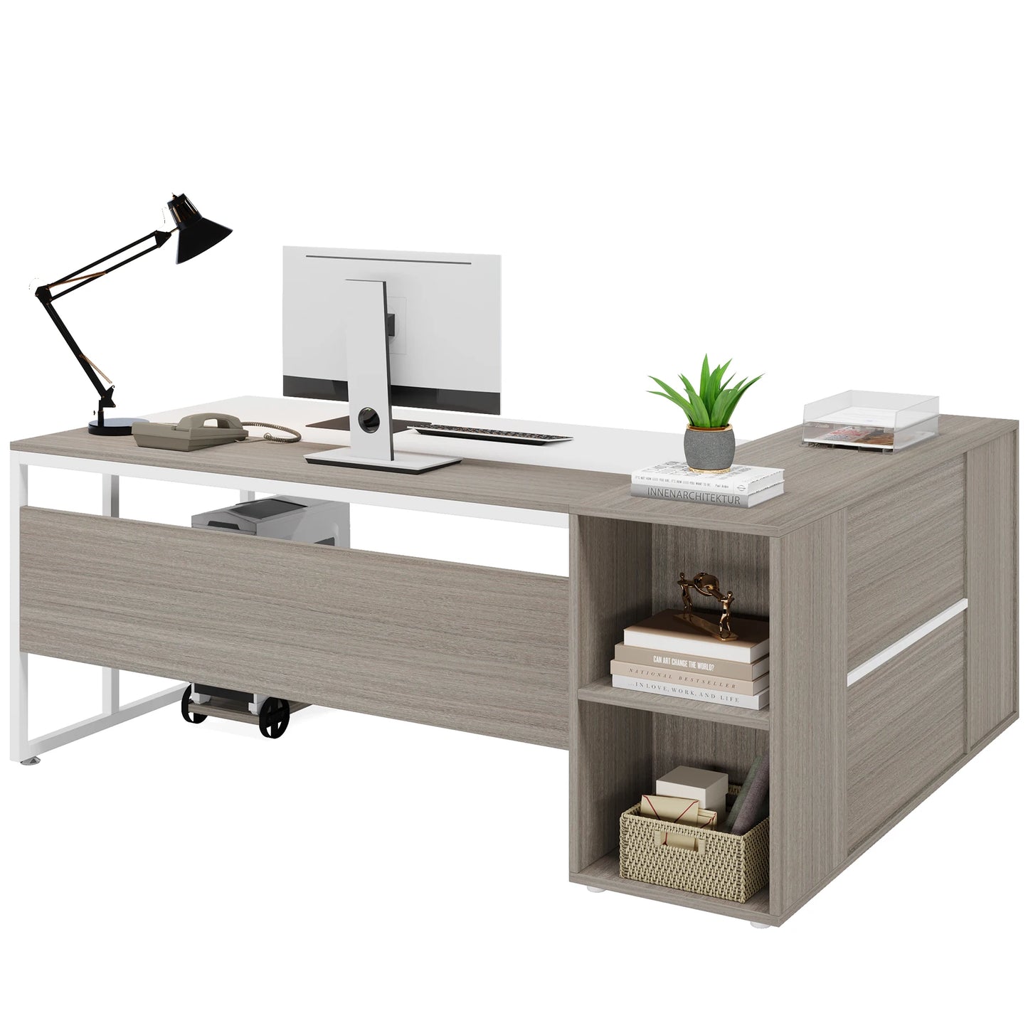 Tribesigns 71 inch Executive Desk, L Shaped Desk with Cabinet Storage, Executive Office Desk with Shelves, Business Furniture