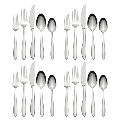 Modern Stainless Steel Silverware Set for 4, 20-Piece Dishwasher Safe Flatware with Wood Tray