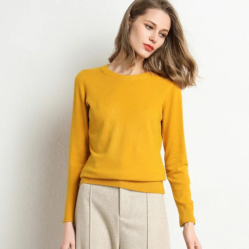 2023 Women Slim O-Neck Pullover Cashmere Wool Blending Sweater Autumn And Winter Long-Sleeved Knit Bottoming Shirt Large Size