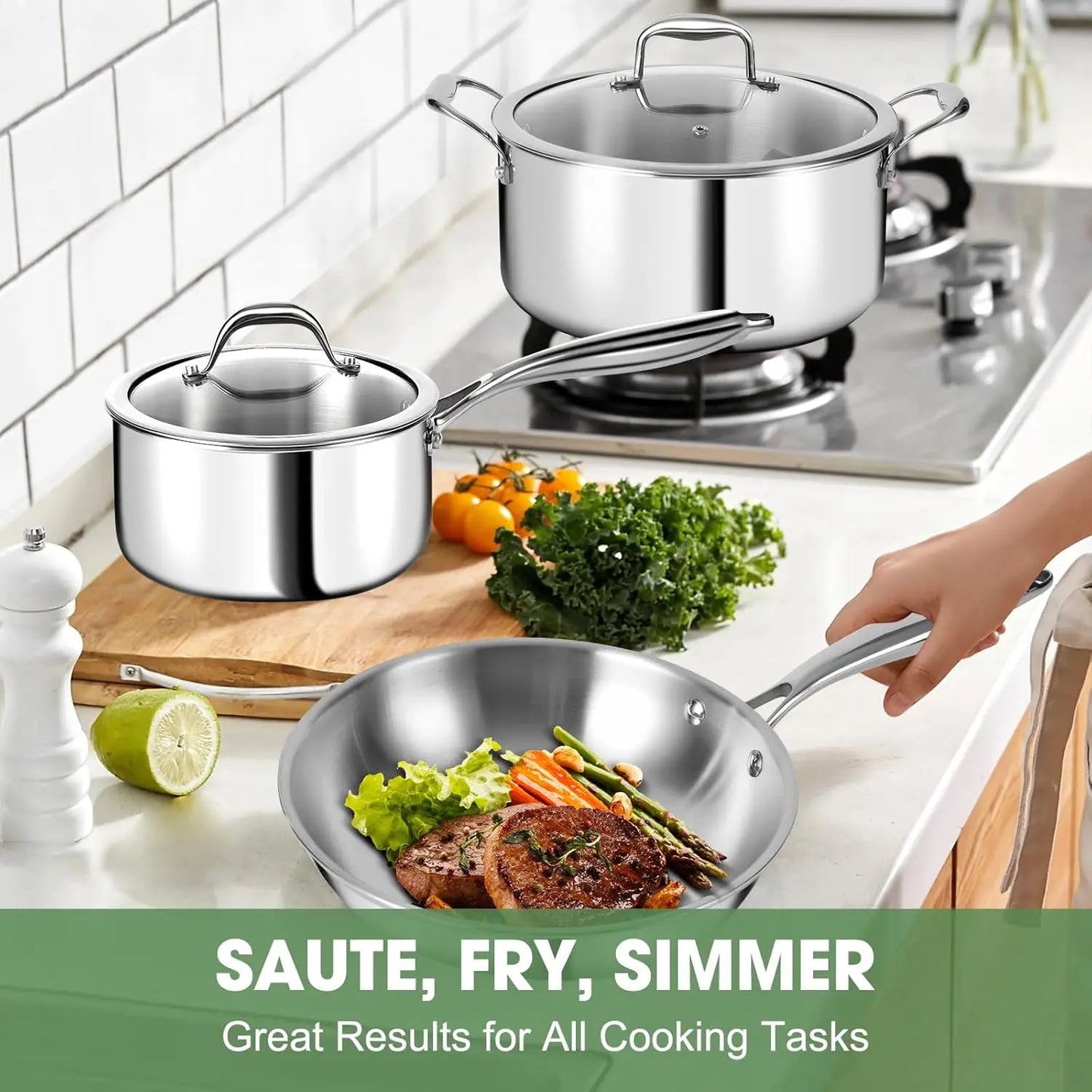 3 Ply Stainless Steel 11-Piece Cookware Set with Lids, Pots and Pans Kitchen Set, Non-Toxic, Induction, Oven, Dishwasher Safe, P