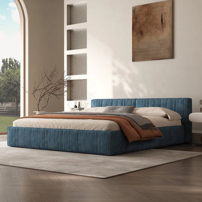 Queen Size Chenille Platform Bed with Thick Headboard and Footboard, Block Pleated Design Style, Wooden Structure Solid, Noise F