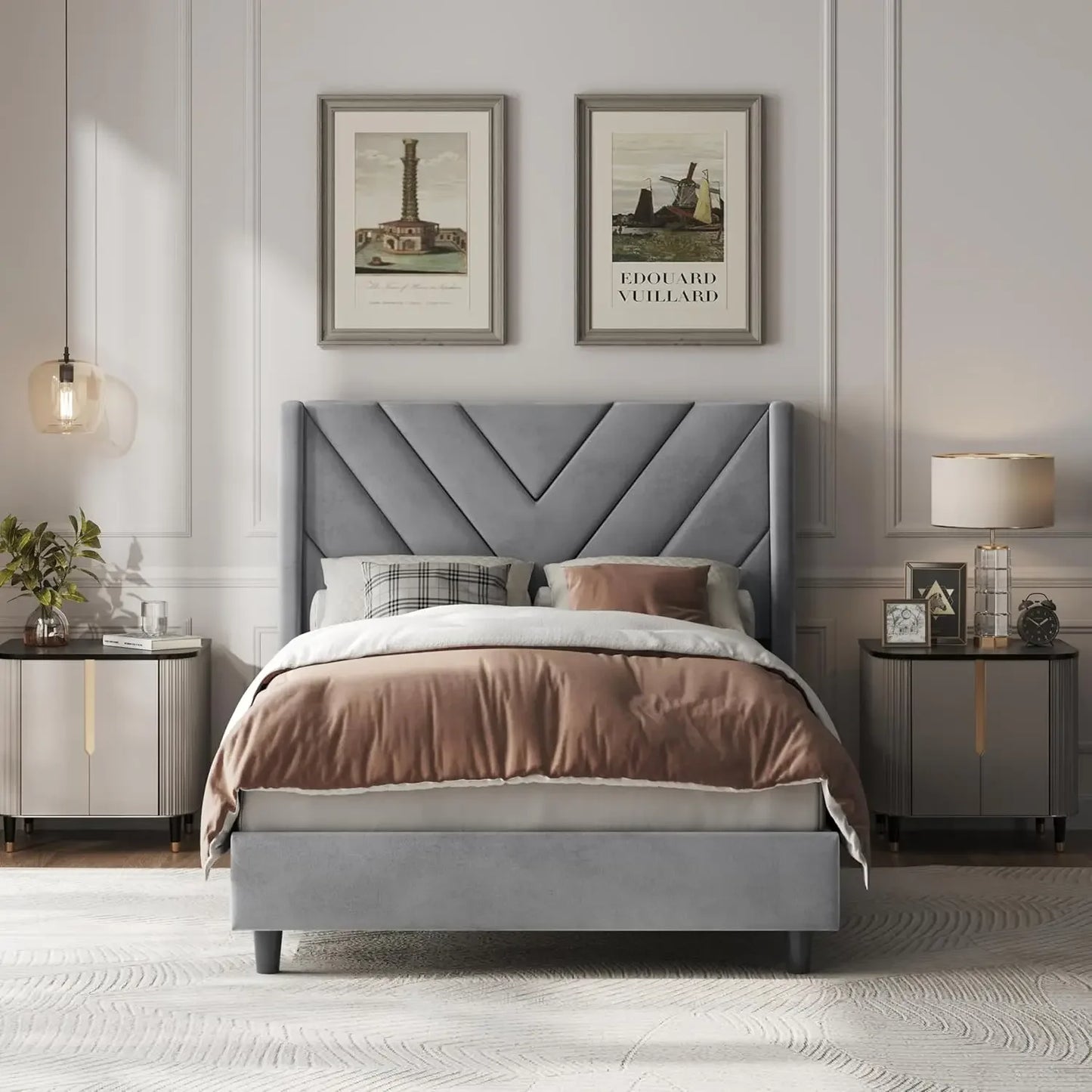 Bed Frame Upholstered Platform Bed with Wing Side/Wooden Slat Support/Tufted Headboard with Wing Side/Mattress Foundation