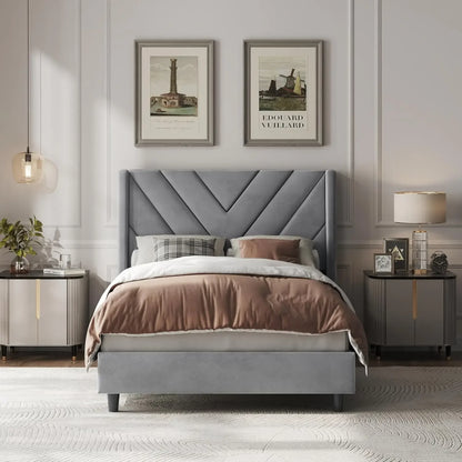 Bed Frame Upholstered Platform Bed with Wing Side/Wooden Slat Support/Tufted Headboard with Wing Side/Mattress Foundation