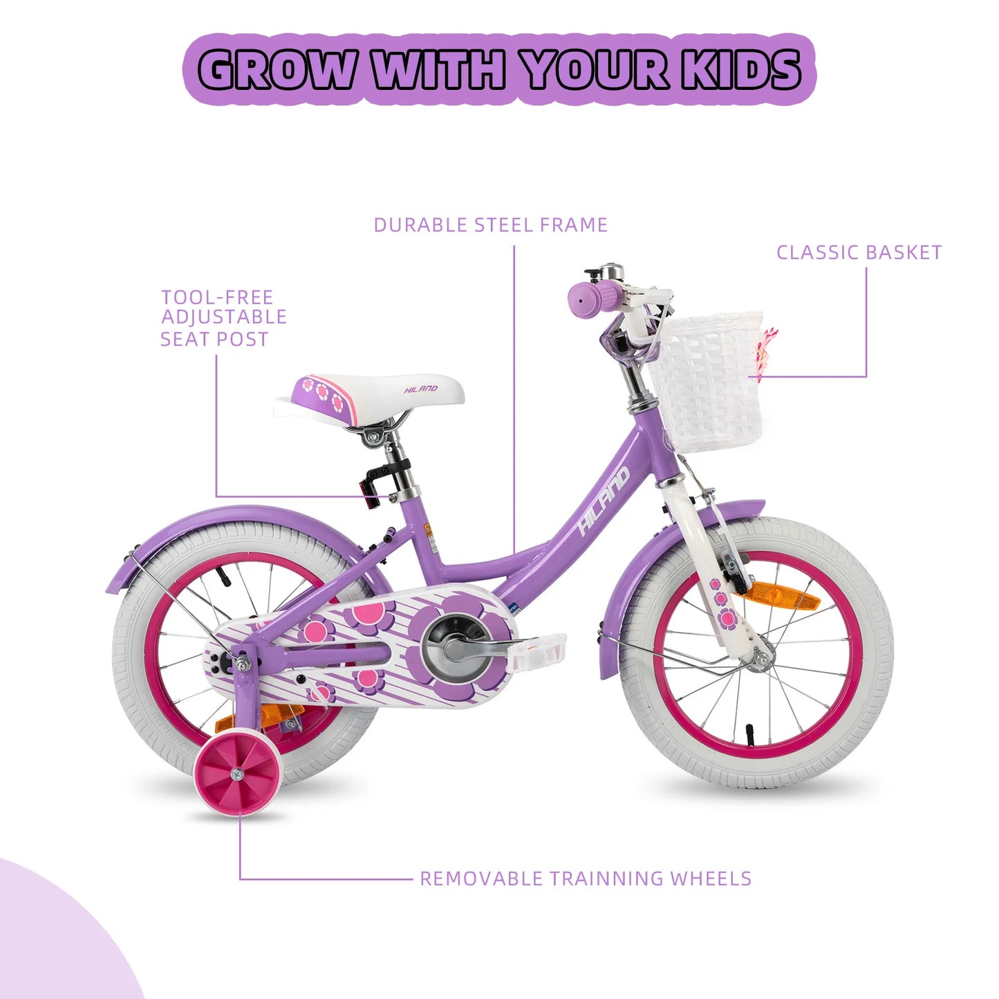 Hiland 12/14/16 Inch Children's Bicycle, 3-7 Years Girls Bicycle with Basket Stabilisers, Various Colours