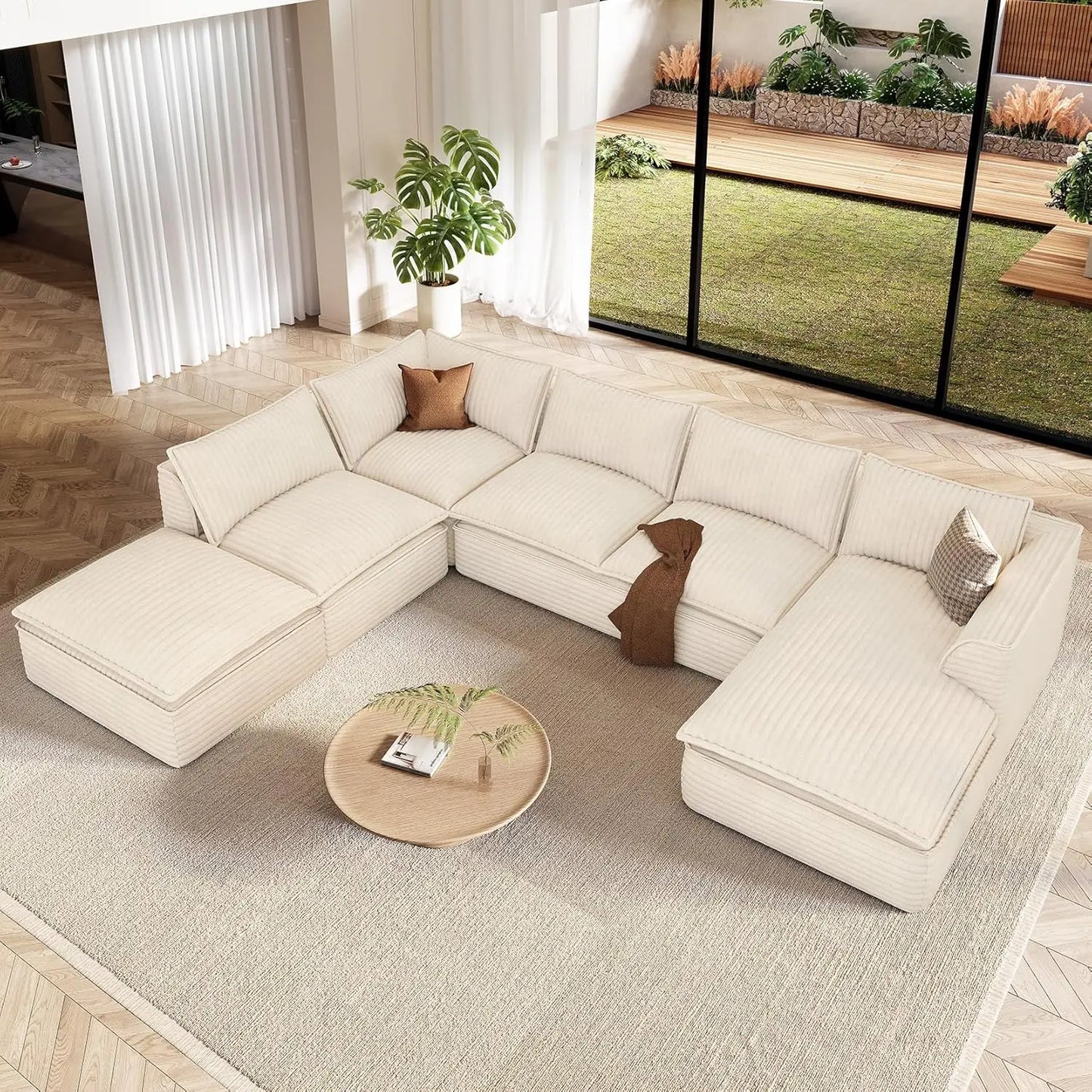 141.7" Oversized Boneless Sectional Couch, Modern 7 Seater Modular Sofa with Chaise & Ottoman, Deep Seat Corduroy, Customized