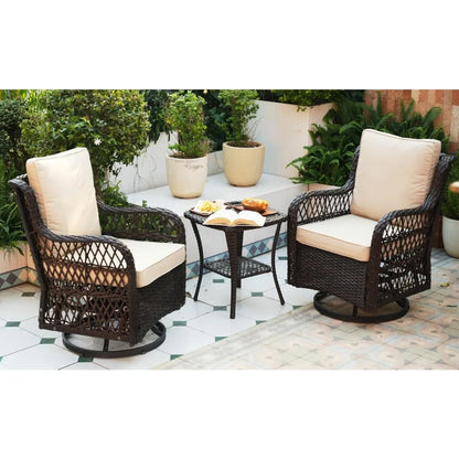 3 piece outdoor patio set, wicker rocking bistro set with 2 swivel chairs & tempered glass top table, rattan outdoor furniture