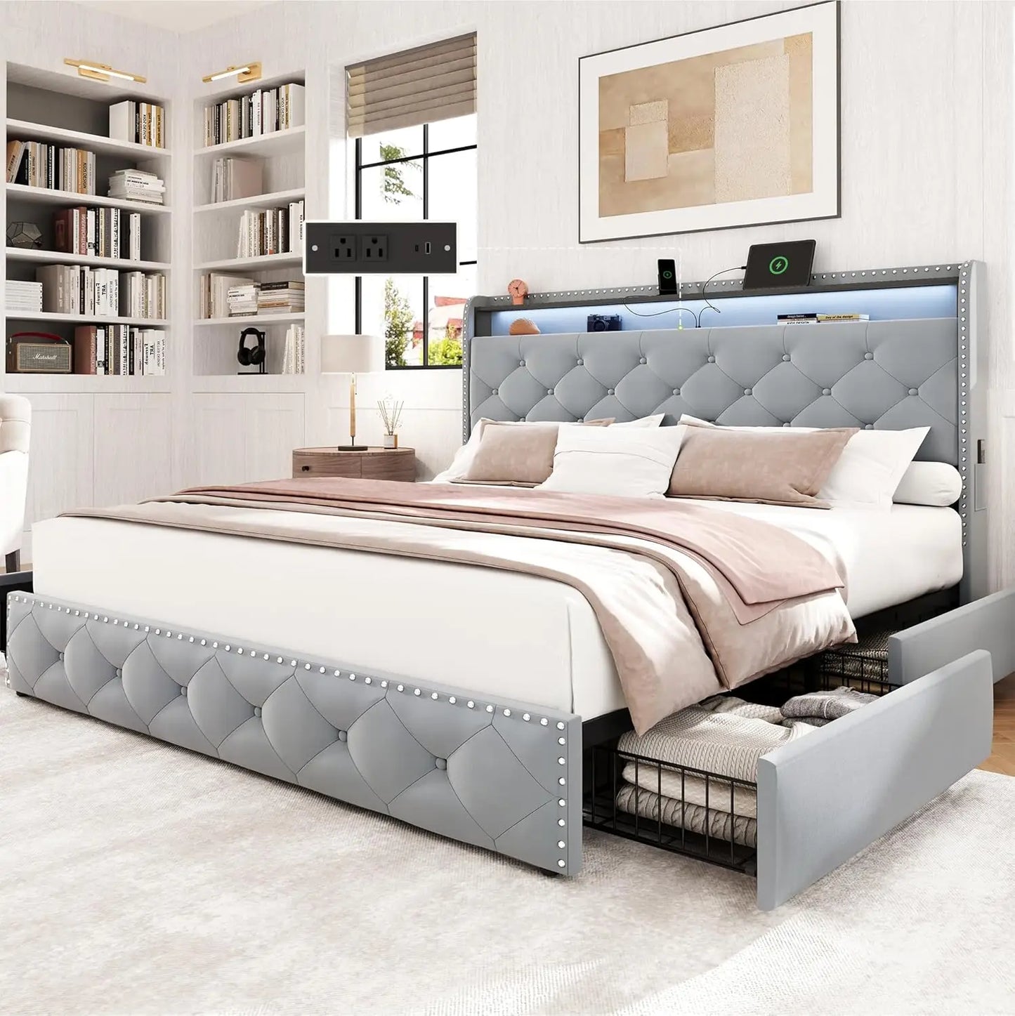 Queen Size Bed Frame with 4 Storage Drawers and Charging Station, Velvet Upholstered Platform Bed Frame with LED, Customized