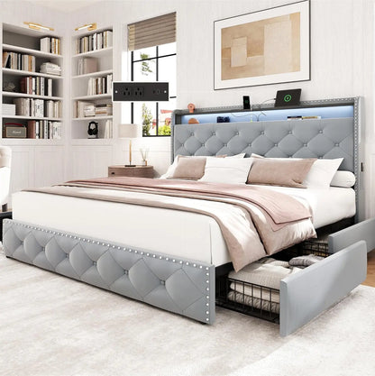 Queen Size Bed Frame with 4 Storage Drawers and Charging Station, Velvet Upholstered Platform Bed Frame with LED, Customized