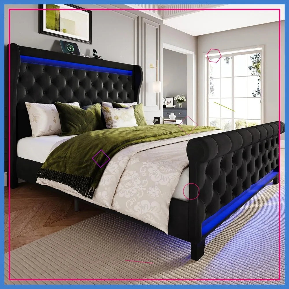 King Size Bed Frame with LED Lights & USB Ports, Upholstered Velvet Platform Bed, No Box Spring Needed, Noise Free, Black