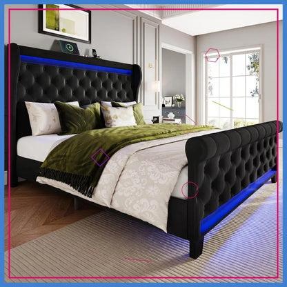King Size Bed Frame with LED Lights & USB Ports, Upholstered Velvet Platform Bed, No Box Spring Needed, Noise Free, Black