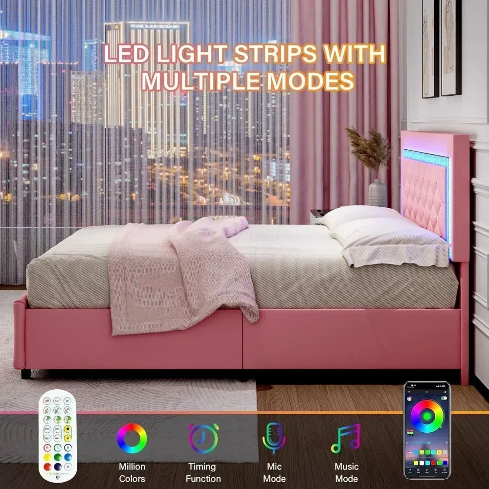Full Size Bed Frame with LED, Storage Drawers, Princess Platform Bed with Diamond Headboard and Footboard, Upholstered Bed Frame