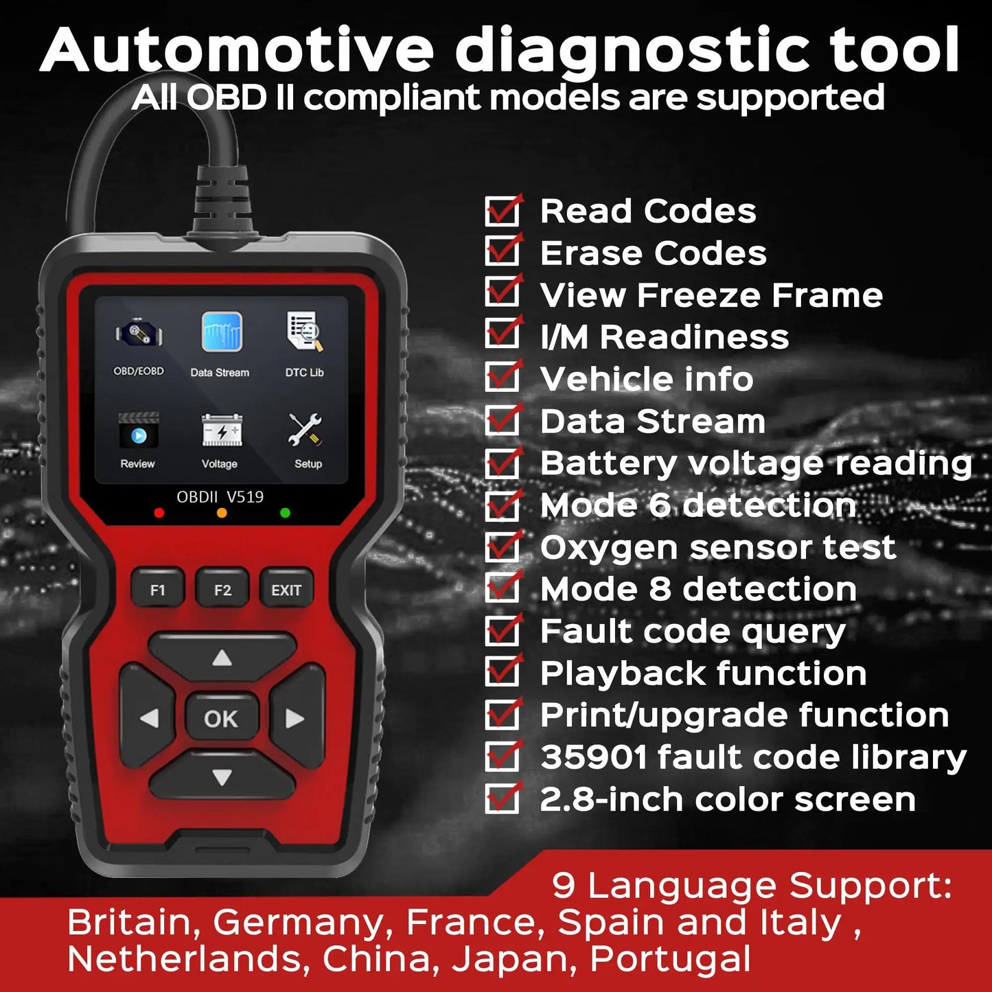 OBD2 Scanner Live Data Professional Mechanic OBDII Diagnostic Code Reader Tool for Check Engine Light V519