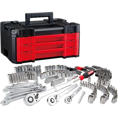 Complete 230-Pc Mechanic Tool Set with Case. Versatile Sockets for 1/4" to 1/2" Drive. Essential for Homeowners