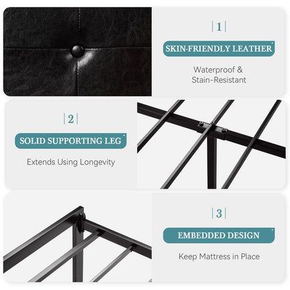 HOOMIC Metal Bed Frame, Upholstered Headboard with Square Stitched, Classic Button Tufted, Faux Leather, No Box Spring Needed