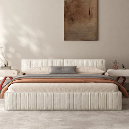 Queen Size Chenille Platform Bed with Thick Headboard and Footboard, Block Pleated Design Style, Wooden Structure Solid, Noise F