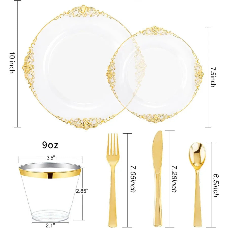 150PCS Clear and Gold Plastic Plates Disposable Dinnerware Set for Elegant Events and Parties Ideal for Serving 25 Guests with