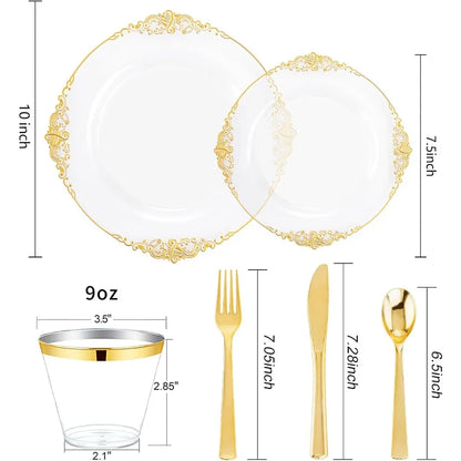 150PCS Clear and Gold Plastic Plates Disposable Dinnerware Set for Elegant Events and Parties Ideal for Serving 25 Guests with