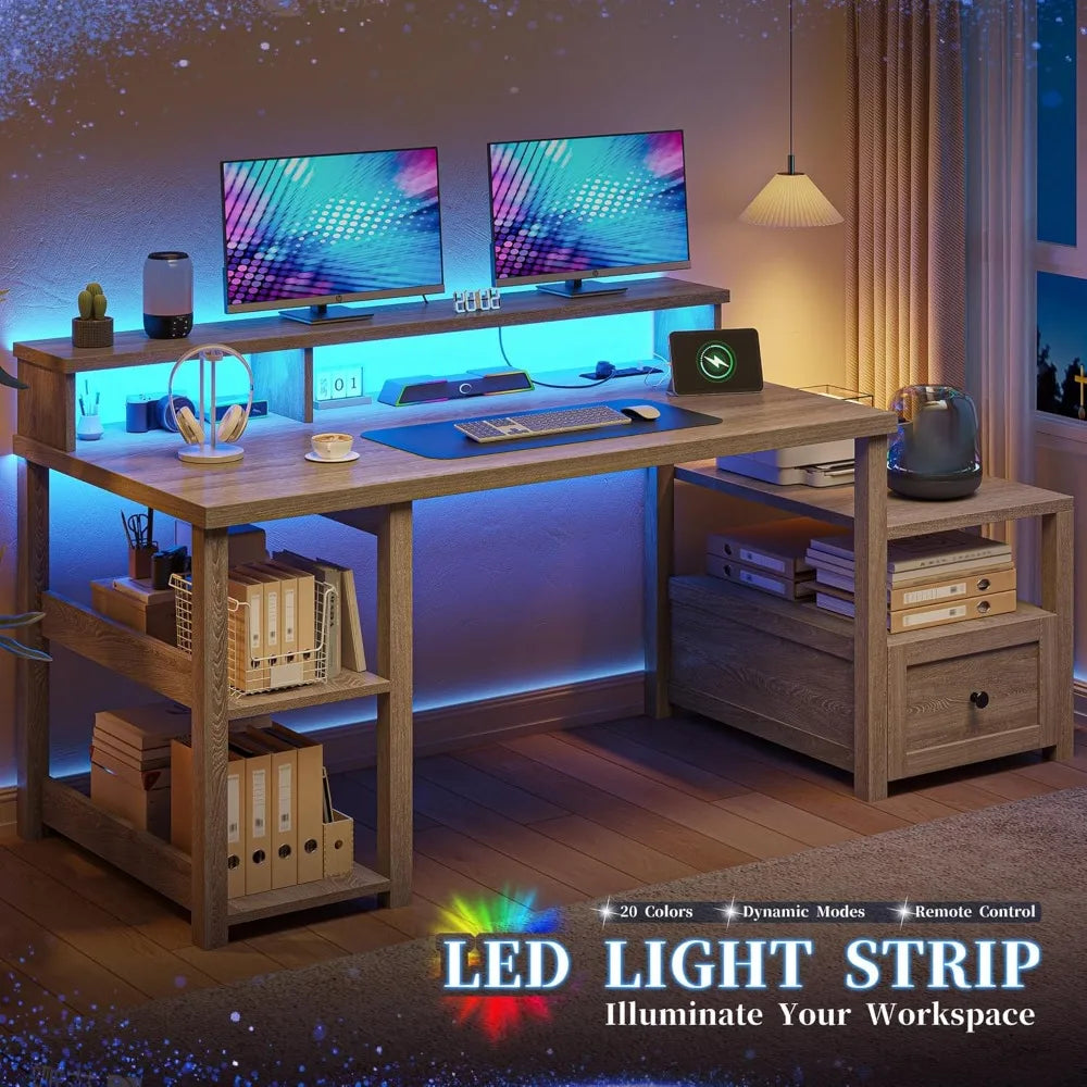 60.4" Computer Desks with Drawer & LED Light, Office Desk with Monitor Stand, Farmhouse Study Desks with Power Outlet, Work Desk