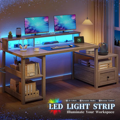 60.4" Computer Desks with Drawer & LED Light, Office Desk with Monitor Stand, Farmhouse Study Desks with Power Outlet, Work Desk