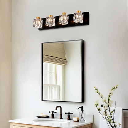 4-Light Matte Black + Gold Bathroom Light Fixtures, Modern Vanity Lights with Crystal Glass Shade, Vintage Light Fixture Bathroo