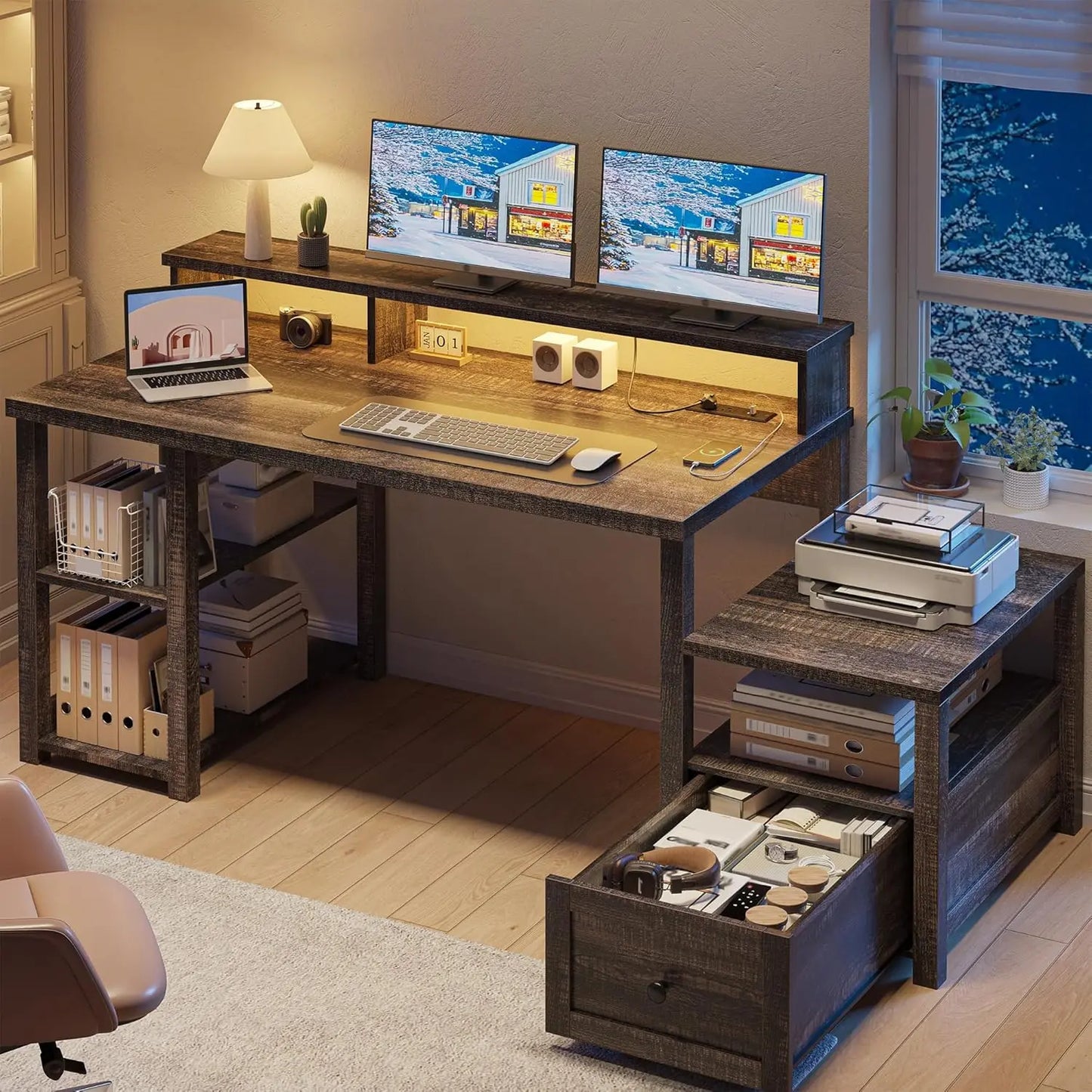 60.4" Computer Desks with Drawer & LED Light, Office Desk with Monitor Stand, Farmhouse Study Desks with Power Outlet, Work Desk
