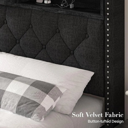 Queen Bed Frame with LED Lights, Storage Drawers & Charging Station, Upholstered Platform, No Box Spring Needed