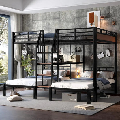 Queen Over Twin Over Twin Metal BunkBed with Storage Stairs and Shelves, 3-in-1 Triple Bunk Bed with Headboard, Space Saving, fo