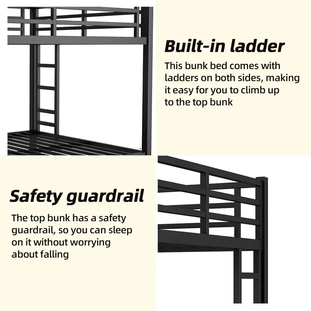Queen Over Queen Bunk Bed Frame, Heavy Duty Metal Loft Bed for Adults/Teens, 400/600LB Capacity w/Ladder & Guardrail, Noise-Free
