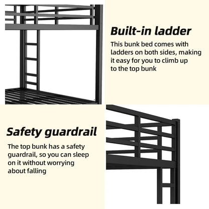 Queen Over Queen Bunk Bed Frame, Heavy Duty Metal Loft Bed for Adults/Teens, 400/600LB Capacity w/Ladder & Guardrail, Noise-Free