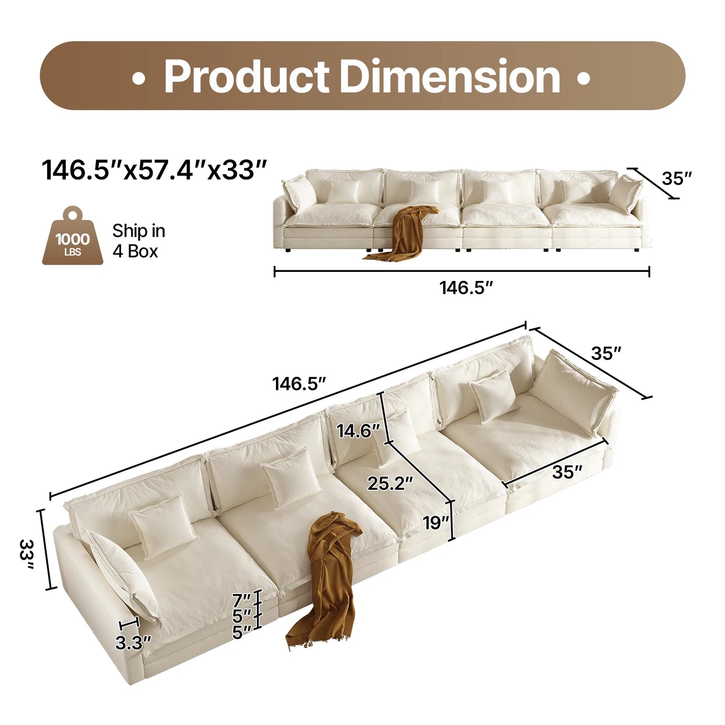 111.5" L Shaped Modern Sofa Modular Sectional Cloud Couch with Ottoman, 4-Seat Chenille Deep Seat Sofa with Pillow for Living Ro
