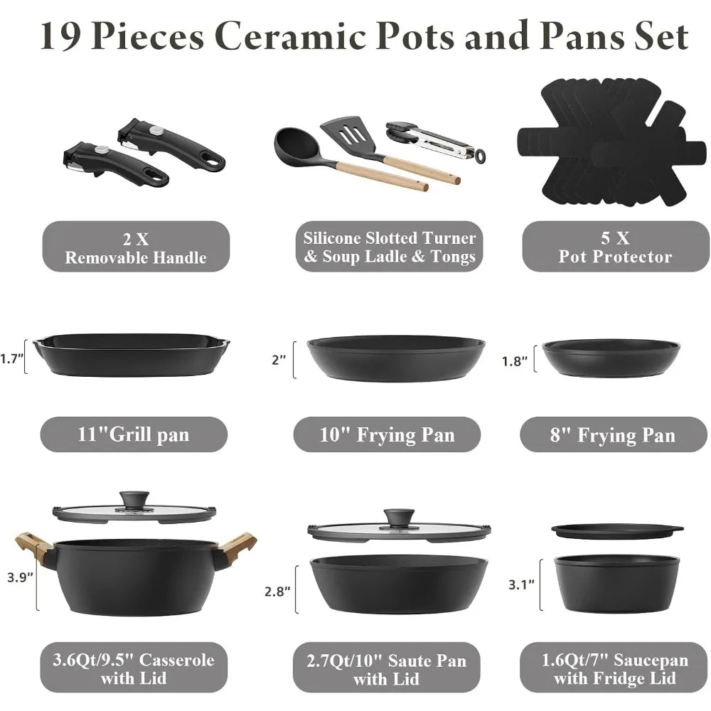 19 Pcs Pots and Pans Set Non Stick Ceramic Cookware Set with Removable Handles, Non Toxic Induction Kitchen Cookware Sets RV Coo