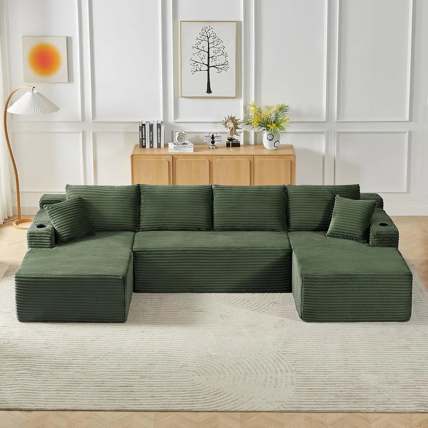 133" Oversized Modular Sectional Cloud Couch With Cup Holders, U Shaped Comfy Boneless Memory Foam Couches For Living Room, Plus