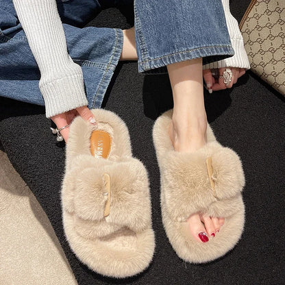 Women's Fashion Flat Fluffy Slippers Winter New Round Head Open Toe Suede Warm Comfortable Cotton Drag