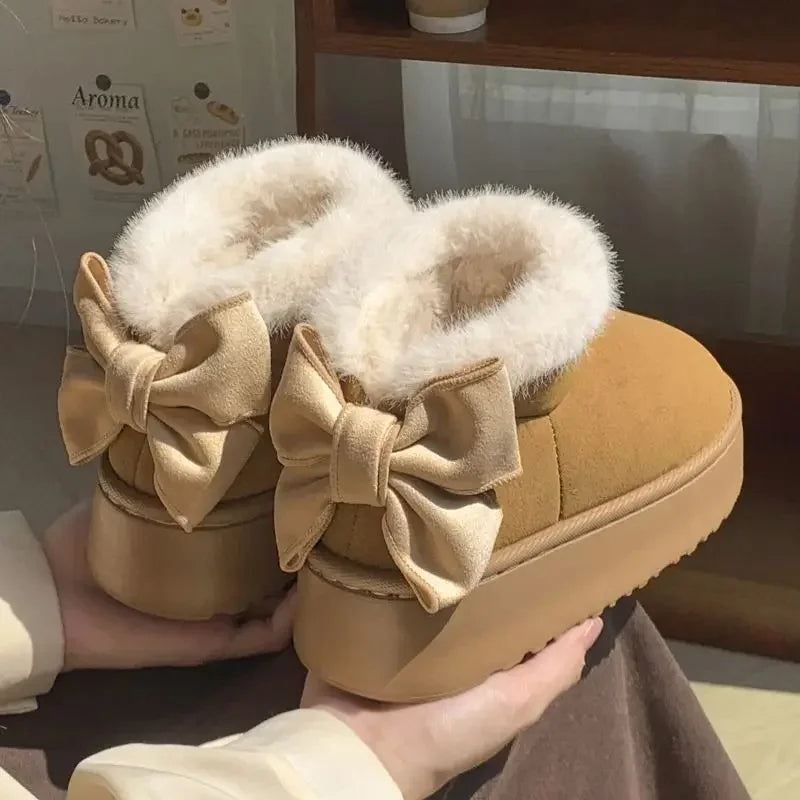 2024 New Bow Women's Thick-Soled Warm Fleece-Lined Cotton Shoes Versatile Snow Boots Korean Style Increased Height For Students