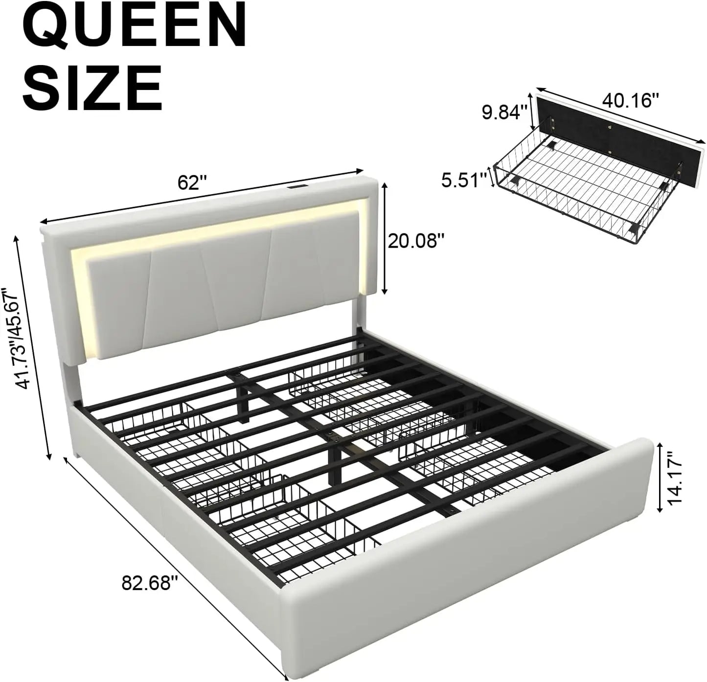 Queen Bed Frame with Storage Drawers, LED Headboard & Charging Station, Easy Assembly, White