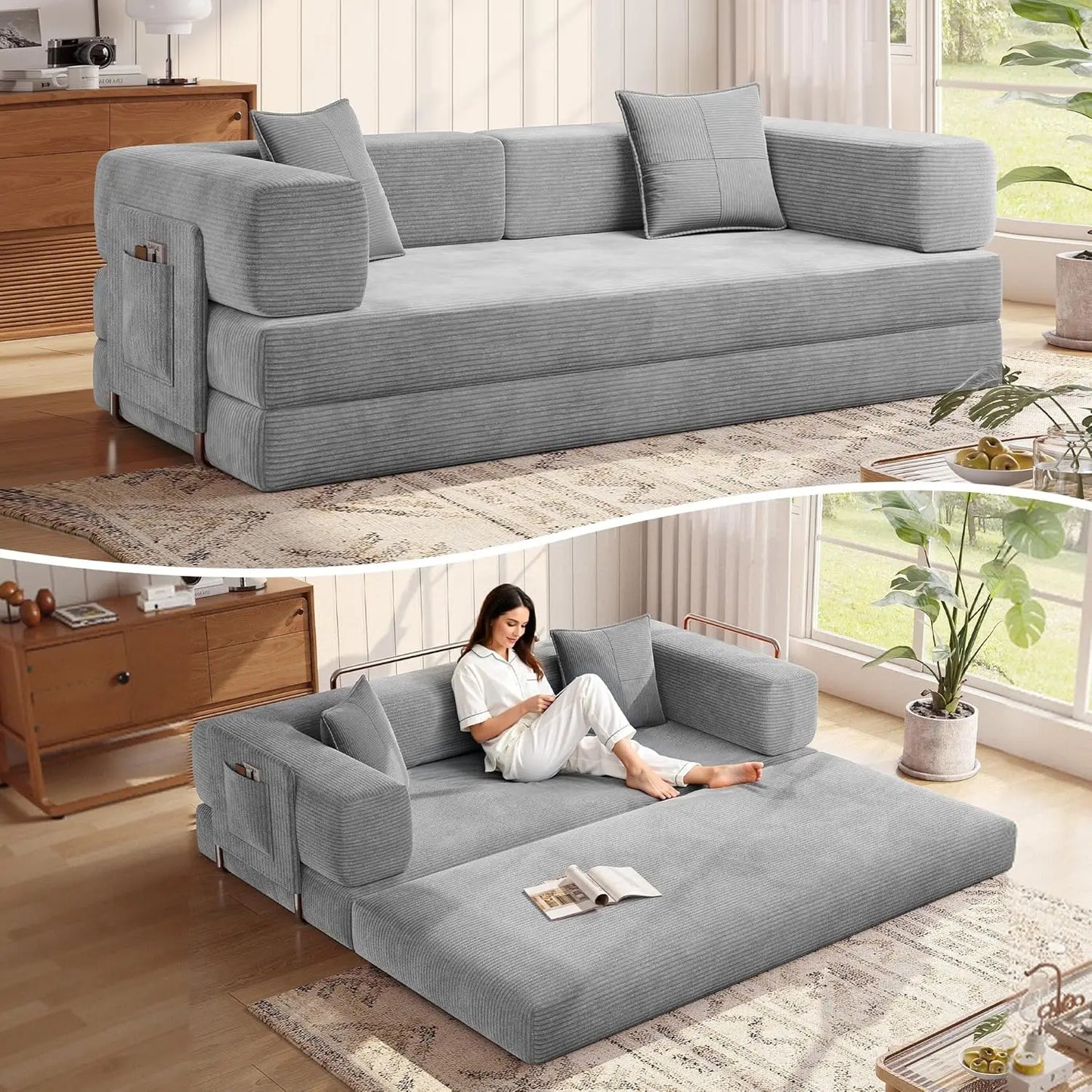 78.8''Sleeper Couch Bed for Livingroom，Convertible Modular Sofa with Armrest Pillow，Modular Fldable Corduroy, Customized