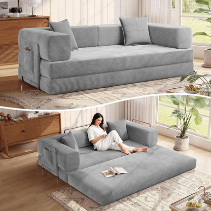 78.8''Sleeper Couch Bed for Livingroom，Convertible Modular Sofa with Armrest Pillow，Modular Fldable Corduroy, Customized