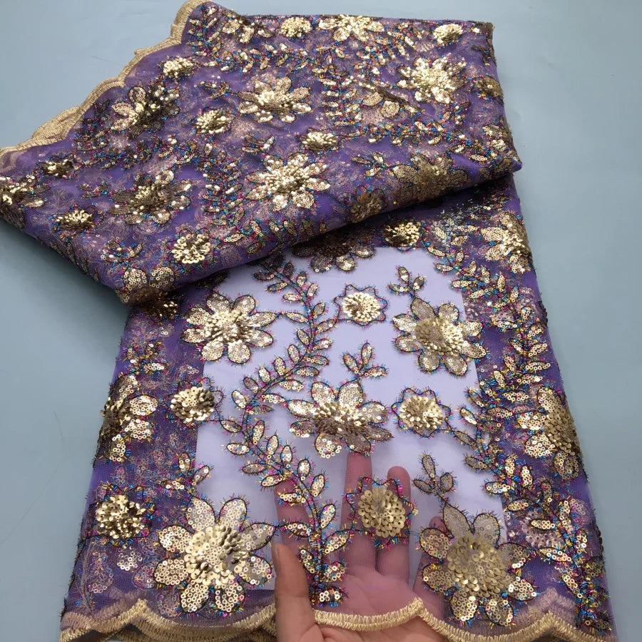 20225 French Flocking Tulle Lace Fabric High Quality 5 Yards Embroidered Sequins African Nigerian Lace Fabric for women Sewing